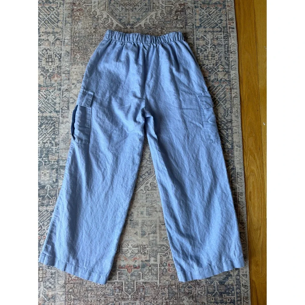 Gap Kids Blue Linen Blend Wide Leg Cargo Pants Sz M 8-9 Elastic Waist Drawstring